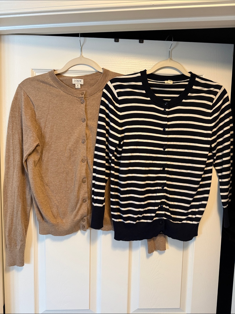 2 J. Crew Tan and Striped Crewneck Button Cardigan, size M